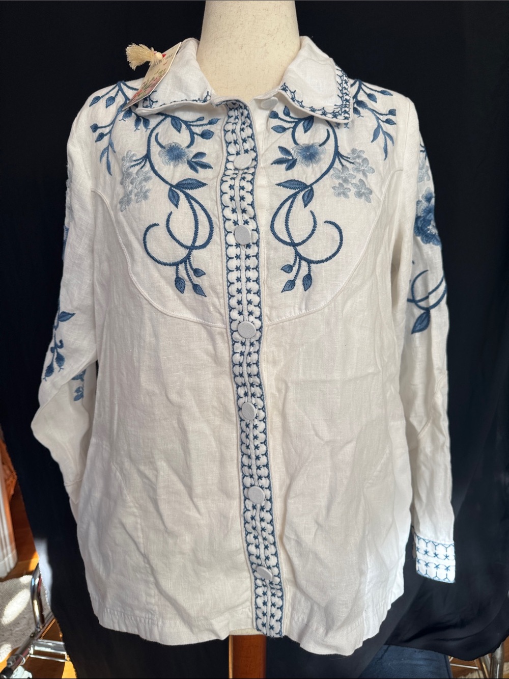 NWT Johnny Was Western Linen Embroidered Floral Shirt Jacket size S